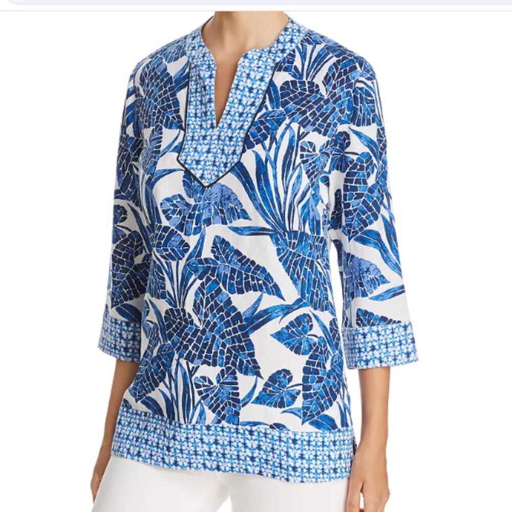 Tommy Bahama Mosaic Palm Tunic Top Linen Island Blue 3/4 Sleeve Size L